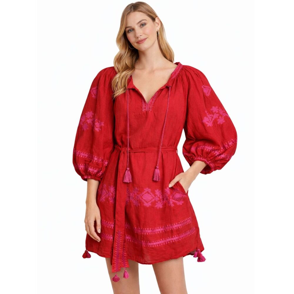 Benaras by Citrus Linen Dress Women's Sz S Red Embroidered Aztec Boho Artsy